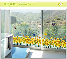 Наклейка на стіну, наклейка квітка, наклейки на шафу "Соняшники з метеликами", довжина 1метр (лист 50*70см), фото 3