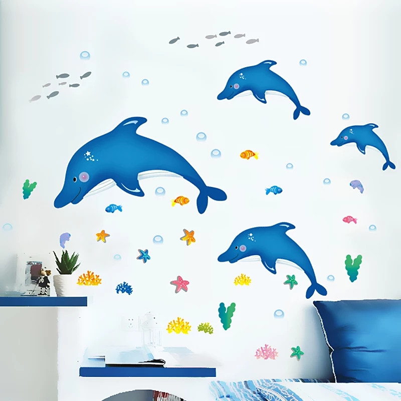 Наклейки у ванну на стіни "дельфіни на хвилях" 60см*115 (лист45*60см) чайки рибки наклейки для дітей