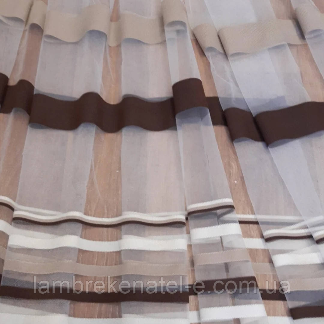 Тюль на кухню в зал сетка с полосой коричневого и бежевого цвета - фото 2 - id-p1184128662