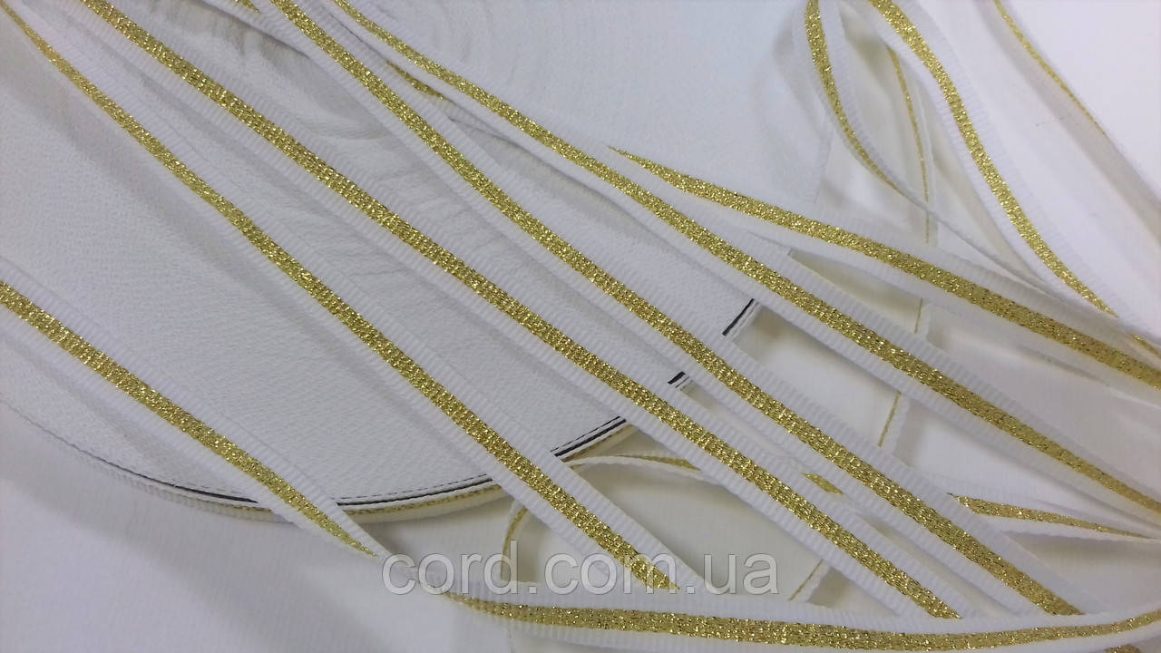 Тесьма Стрічка Репс 10мм білий+1п золото бобіна 50м, фото 1