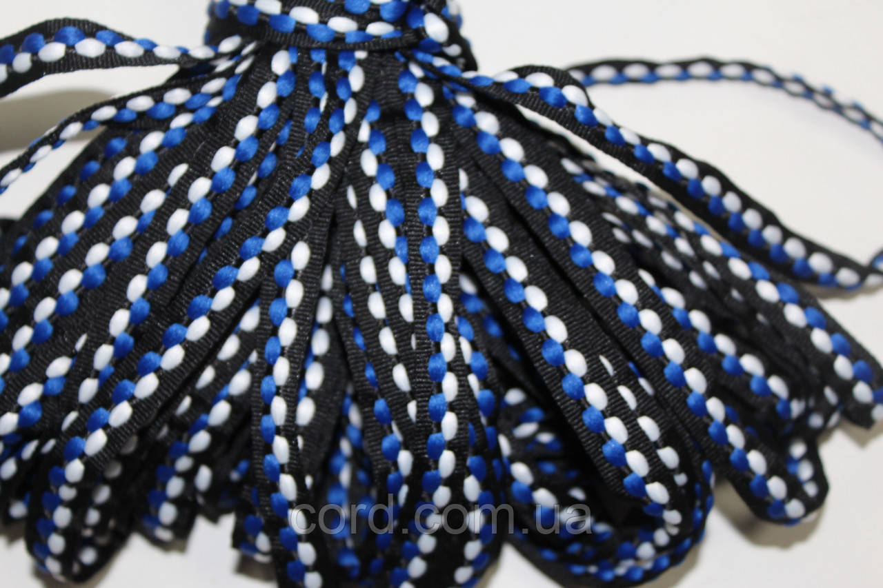 Тесьма Стрічка Репс 10мм чорний+1п білий+1п волошка бобіна 50м, фото 1