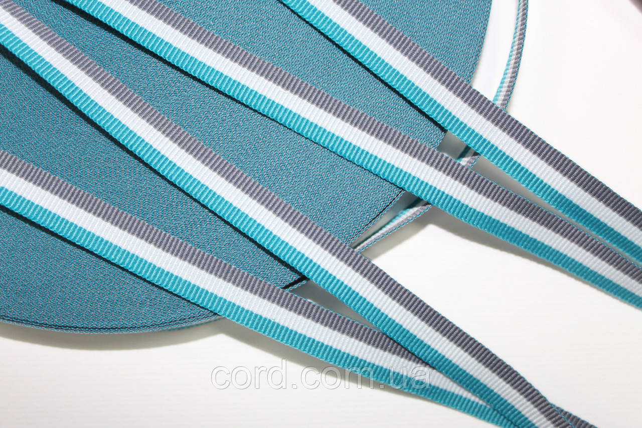 Тесьма Стрічка Репс 10мм сірий+білий+морська хвиля бобіна 50м, фото 1