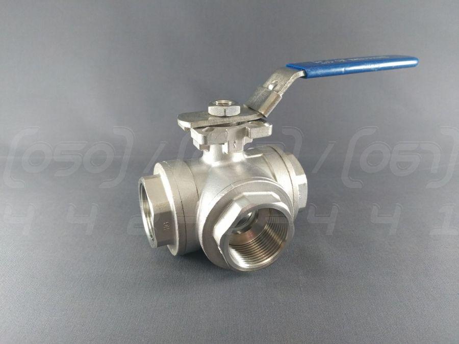 Кран кульовий триходовий муфтовий нержавіючий DN32 (1"1/4), н/ж сталь AISI304, Ру63, майданчик під привід, Т-порт