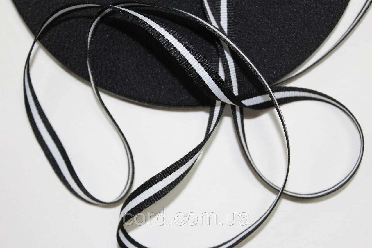 Тесьма Стрічка Репс 10мм чорний+1п біла бобіна 50м, фото 1