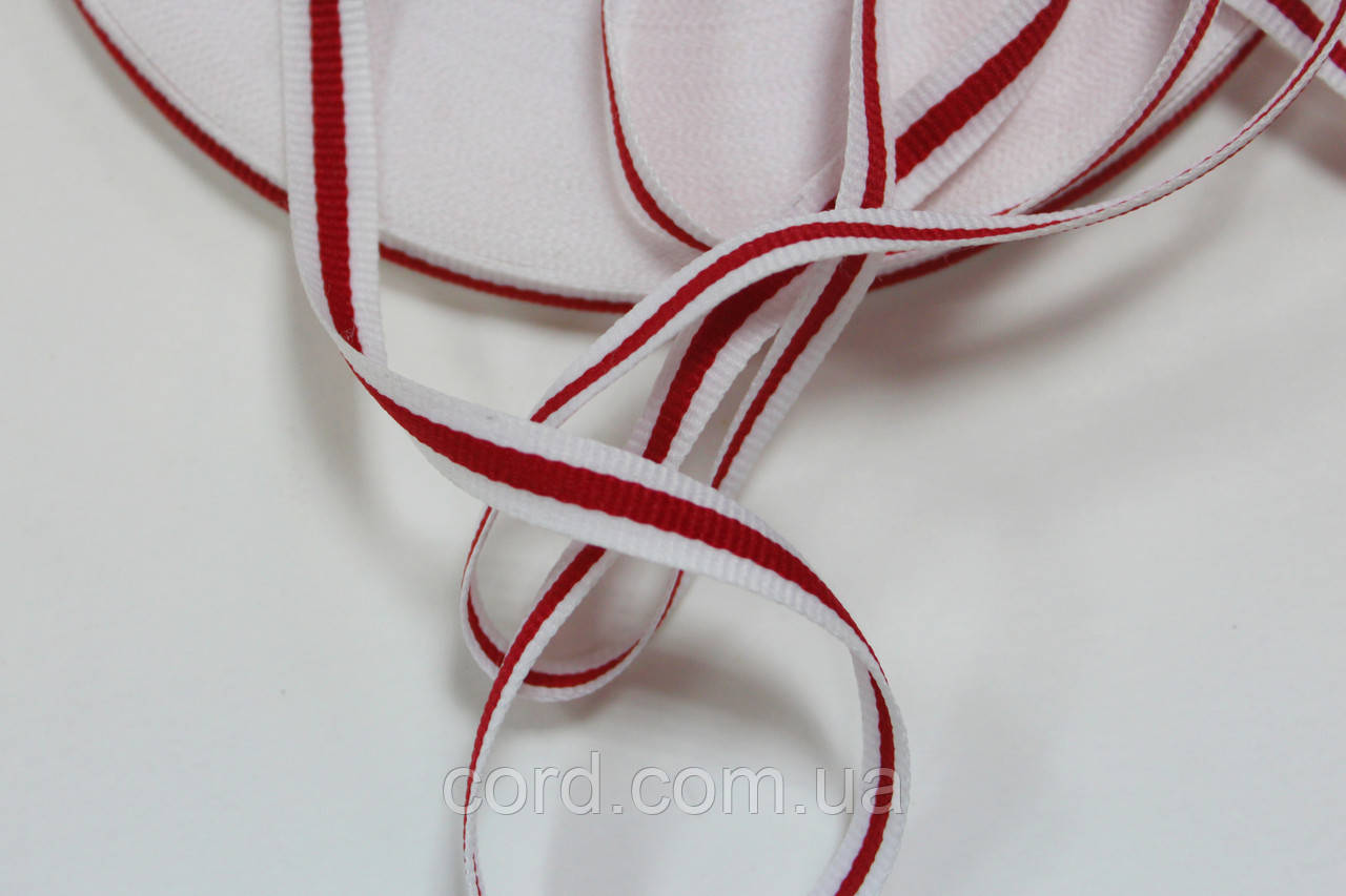 Тесьма Стрічка Репс 10мм білий+1п червоний бобіна 50м, фото 1