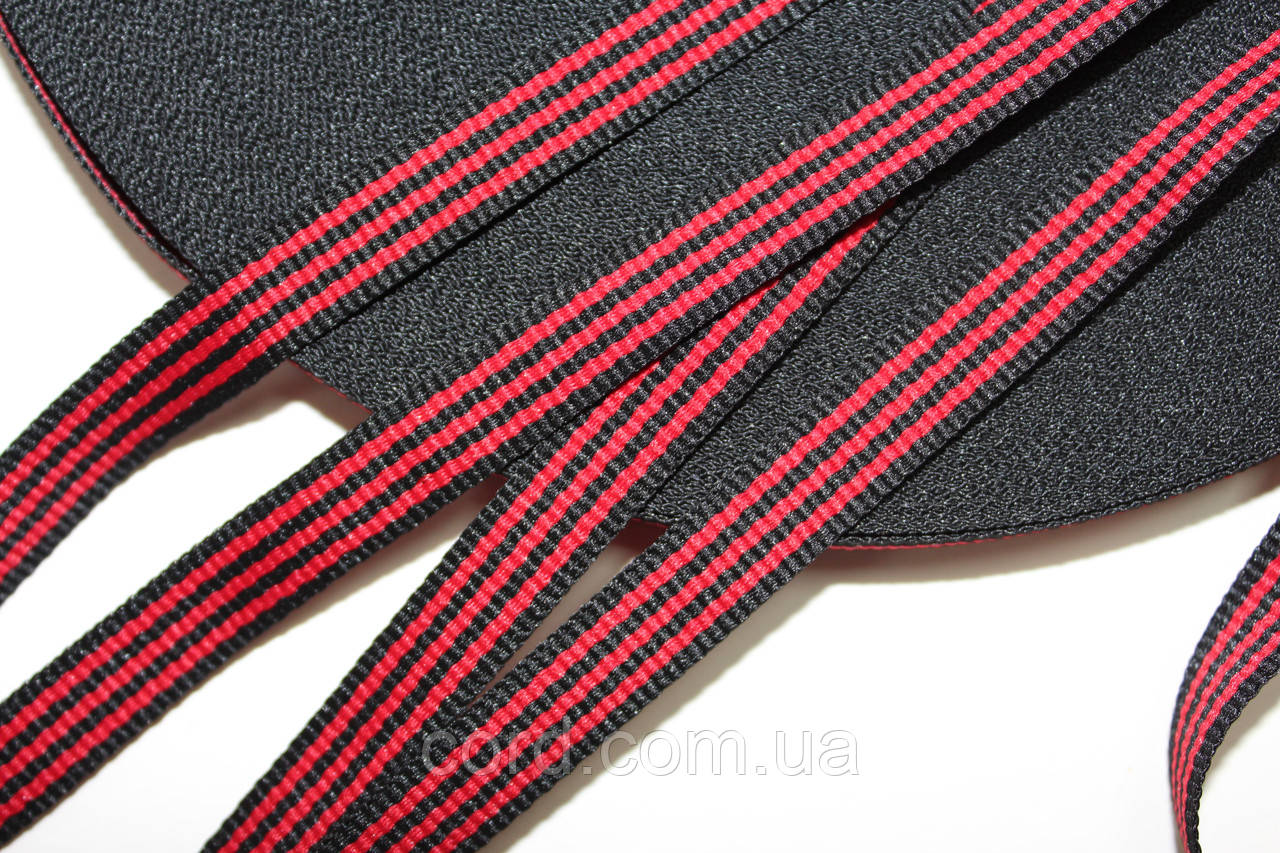 Тесьма Стрічка Репс 10мм чорний+3п червоний бобіна 50м, фото 1
