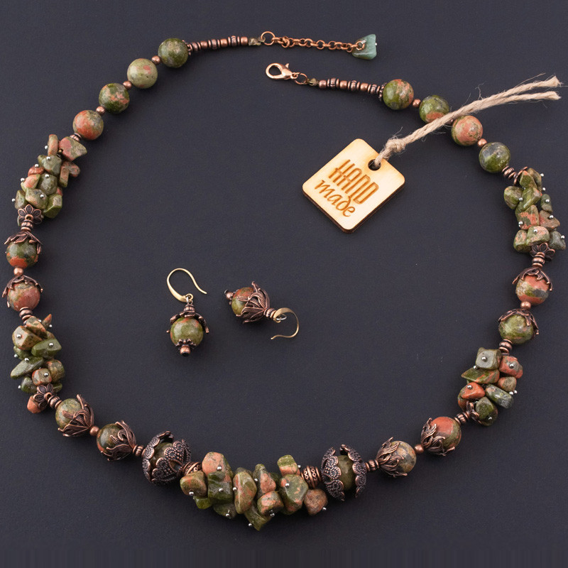 Комплект "Колорит" намисто та сережки з яшми унакіт, авторської роботи., фото 1