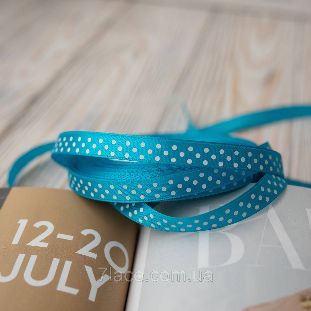 Стрічка атласна в горошок/колір бірюзовий/ширина 1,0 см/бобіна 23 м, фото 1