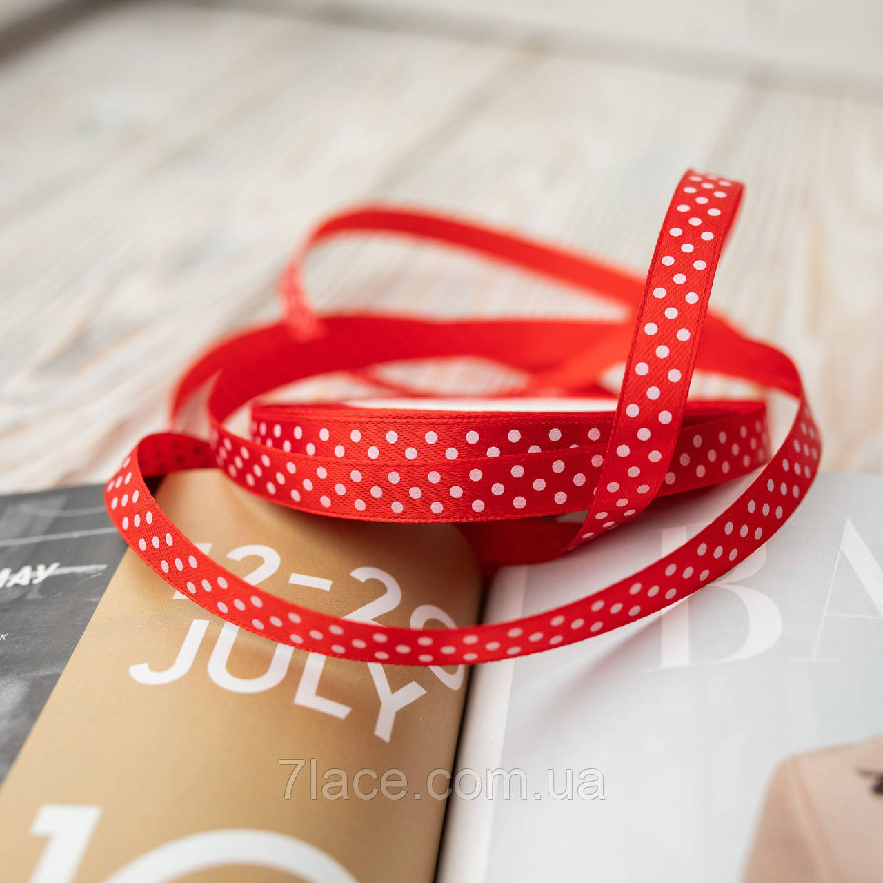 Стрічка атласна в горошок/колір червоний/ширина 1,0 см/бобіна 23 м, фото 1