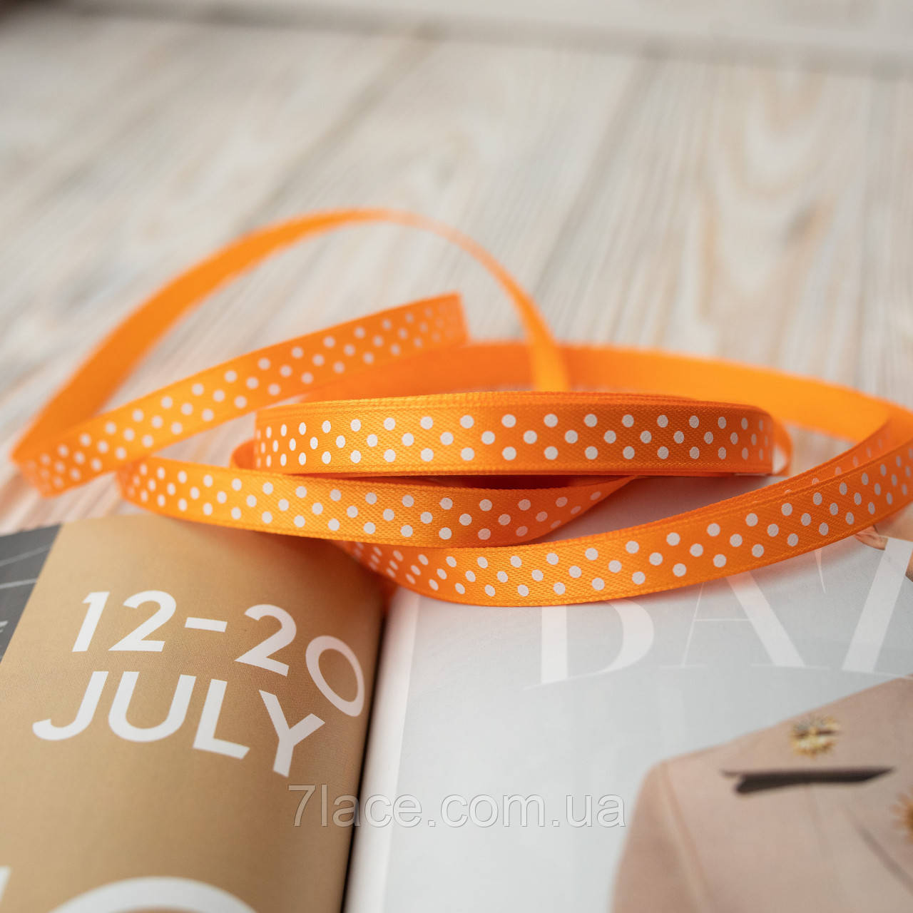 Стрічка атласна в горошок/колір жовтогарячий/ширина 1,0 см/бобіна 23 м, фото 1