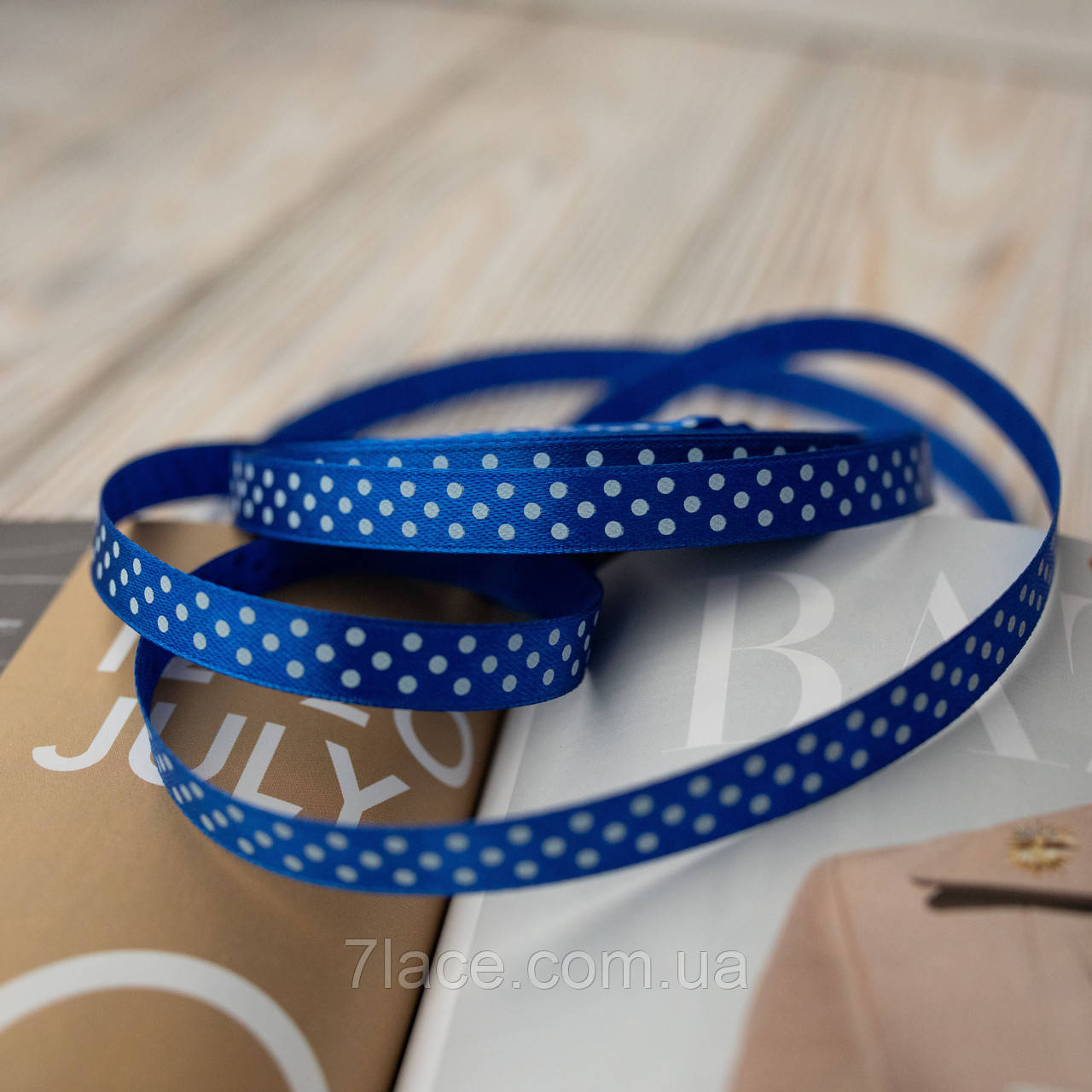 Стрічка атласна в горошок/колір синій/ширина 1,0 см/бобіна 23 м, фото 1