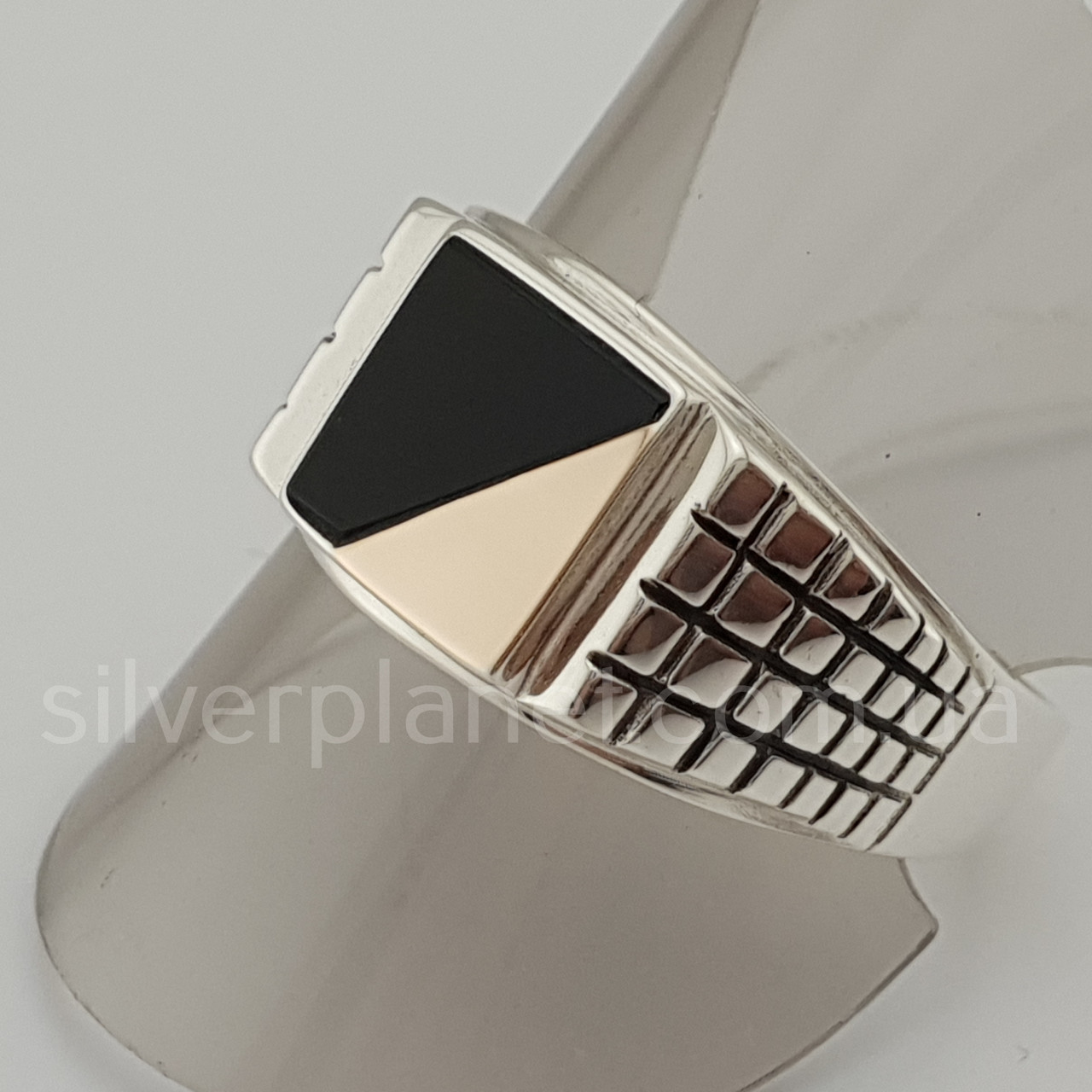 Чоловіче срібне кільце з золотом і оніксом 124з 18.5, фото 1