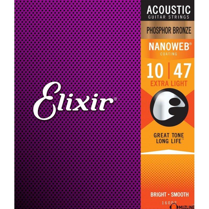 Струни для акустичної гітари Elixir 16002 Nanoweb Phosphor Bronze Acoustic Extra Light 10/47
