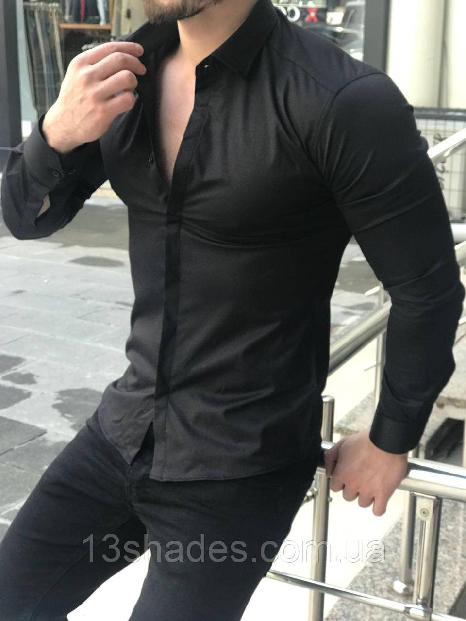 Сорочка чоловіча обтисла однотонна котон чорна Київ, фото 1