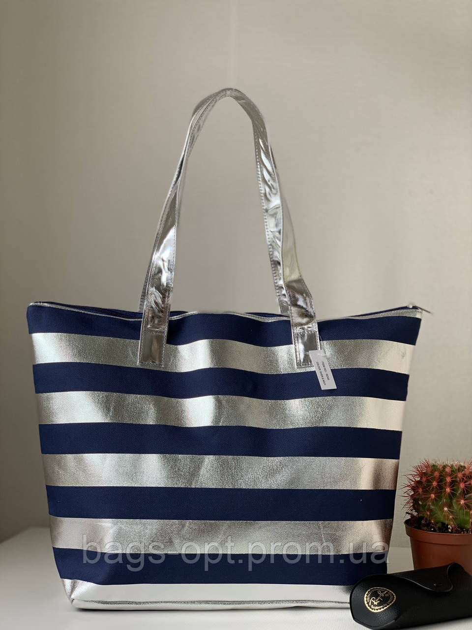 Літня міська пляжна сумка шопер смугаста синя зі сріблом