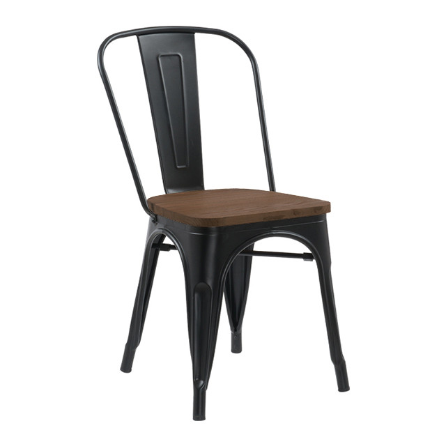 Металевий стілець Tolix-Wood глянсовий чорний з дерев'яним сидінням