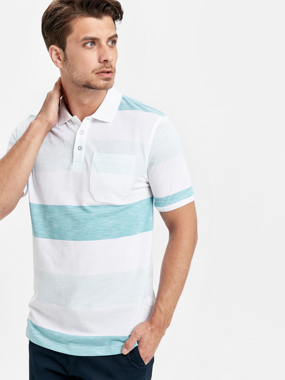 Біле чоловіче поло LC Waikiki/ЛС Вайки в м'ятно-блакитну смужку, з кишенею на грудях