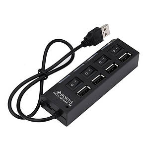 USB Хаб 4-port USB 2.0 TRY з вимикачами з підтримкою зовнішнього живлення зі світловою індикацією чорний