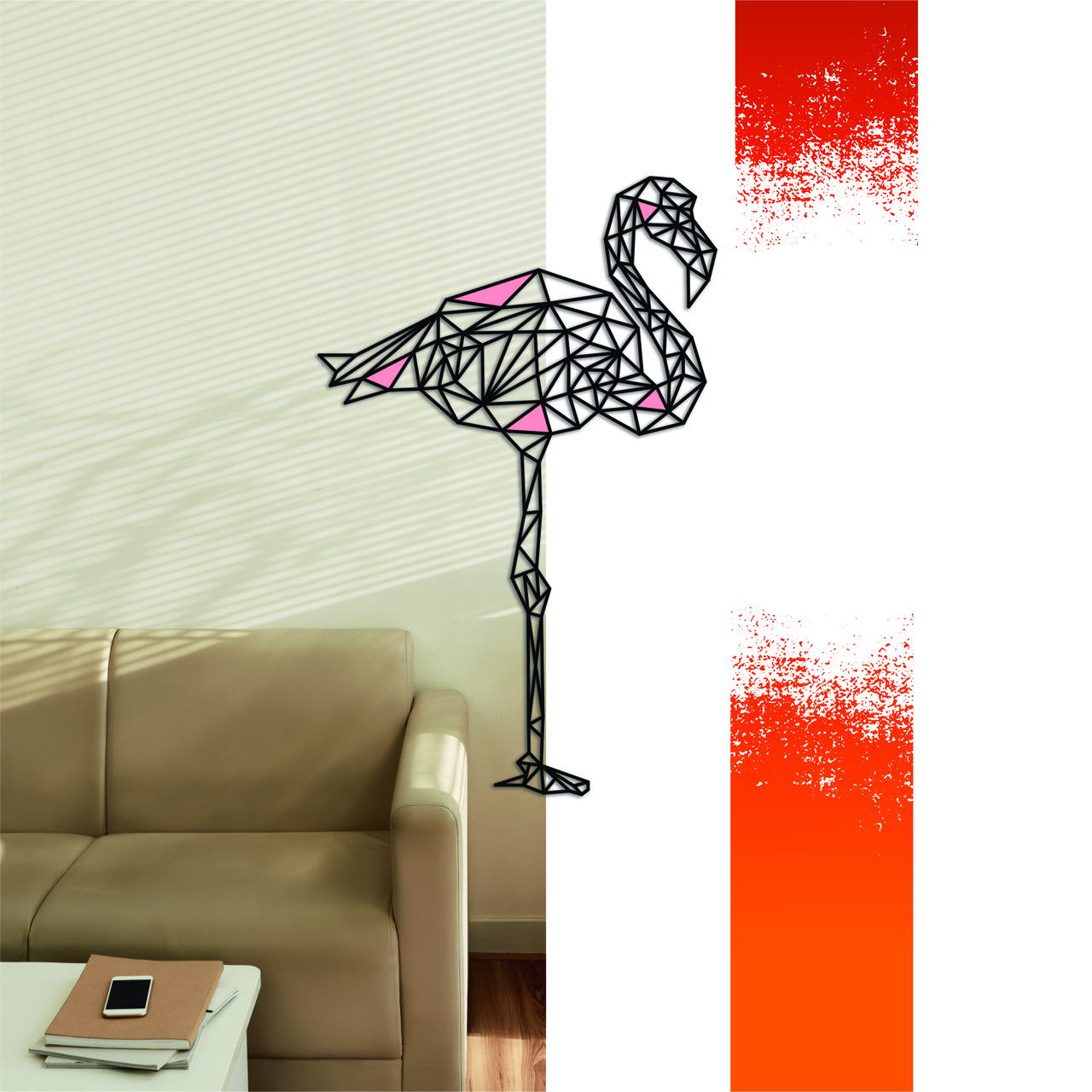 Декоративна дерев'яна картина абстрактна модульна полігональна Панно "Flamingo / Фламінго" з вставками