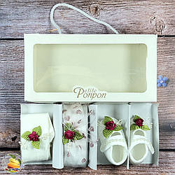 Пінетки, пов'язка і колготки з квітами для дівчинки Розмір: від 3 до 6 місяців (20346-6)