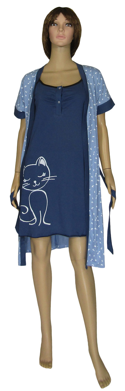 Комплект женский домашний, ночная рубашка и халат 19053 Fanny Cat Leto коттон Сине-голубой - фото 2 - id-p1184070916