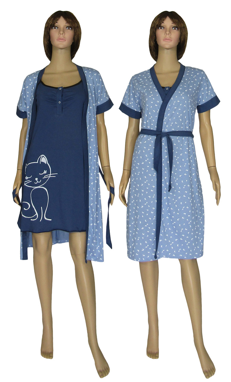 Комплект женский домашний, ночная рубашка и халат 19053 Fanny Cat Leto коттон Сине-голубой - фото 1 - id-p1184070916