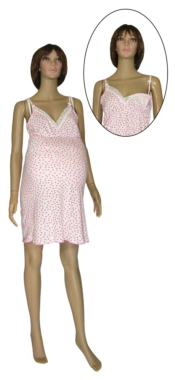 Ночная рубашка с кружевом для беременных, кормящих, в роддом 20002 Klipsa коттон светло-розовая с сердечками - фото 1 - id-p1184058492