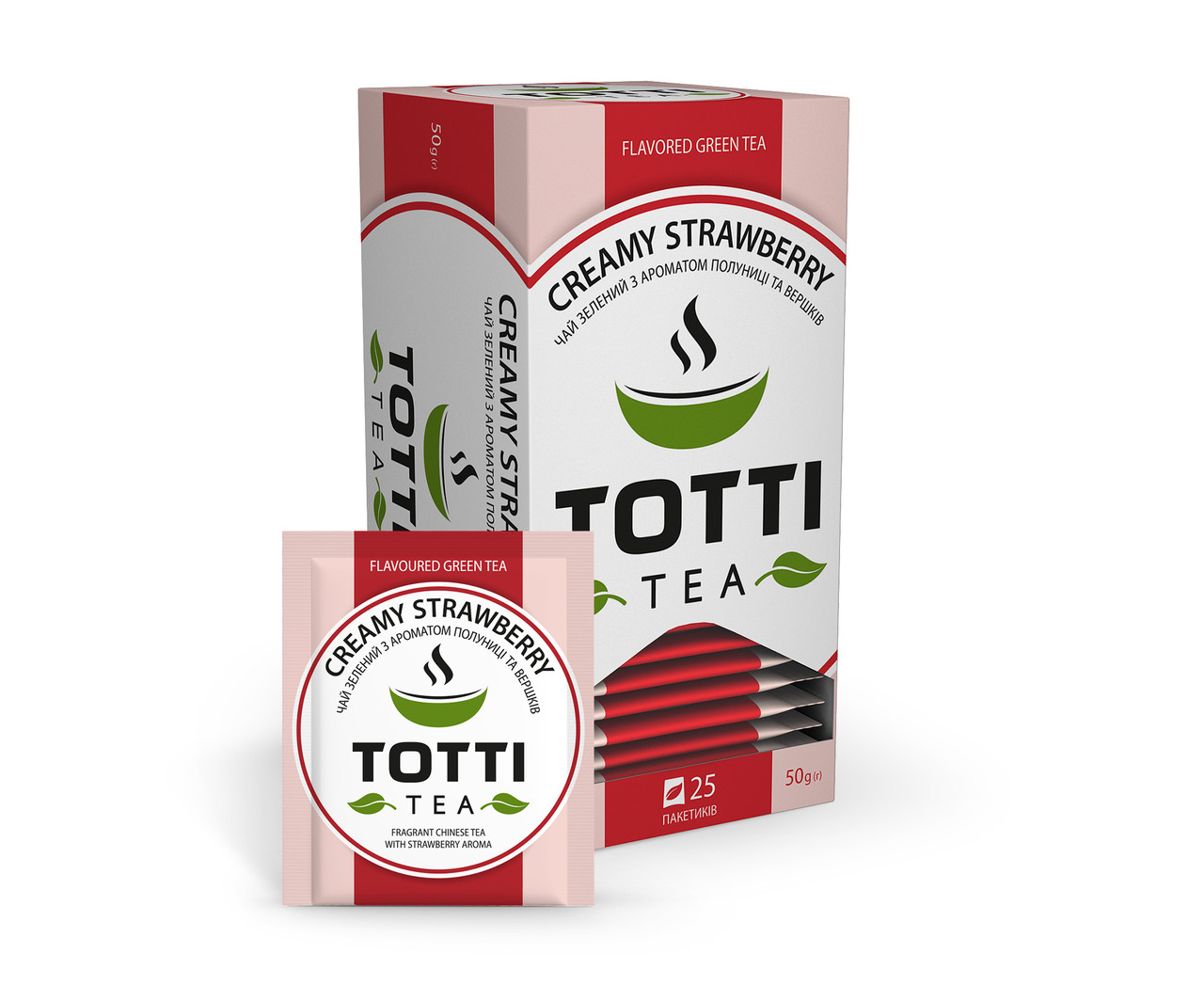 Чай зелений TOTTI Tea "Вершкова Полуниця", пакетований, 25 шт по 2 р.
