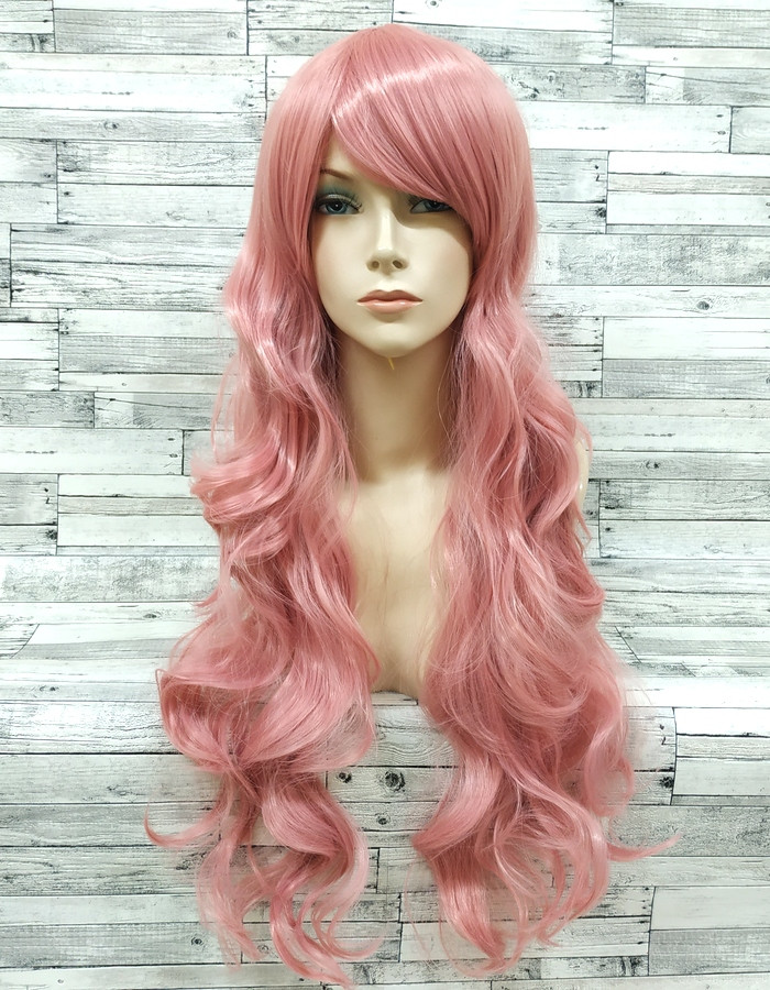 Перука рожева довга хвиляста з довгим чубчиком жіноча для жінок 80см зі штучного волосся, фото 1