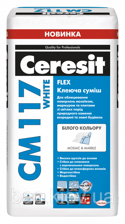 Клеюча суміш біла для мозайки та мармуру Ceresit CM 117 WHITE FLEX, 25 кг