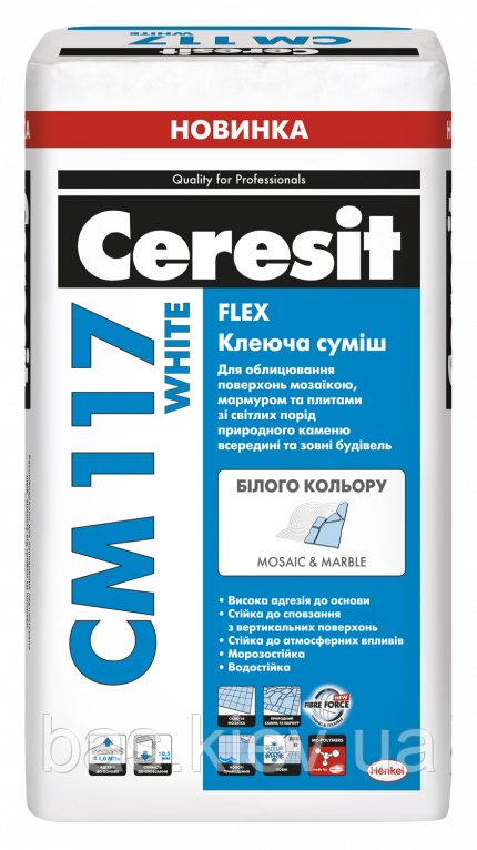 Клеевая смесь белая для мозаики и мрамора Ceresit CM 117 WHITE FLEX, 25 кг - фото 1 - id-p1185537213