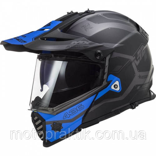 LS2 MX436 PIONEER EVO COBRA MATT BLACK BLUE, XS Мотошолом ендуро (мотард) з окулярами
