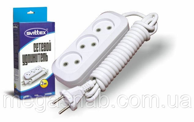 Подовжувач SVITTEX 3 гнізда 3м 10 А 250 В, фото 1