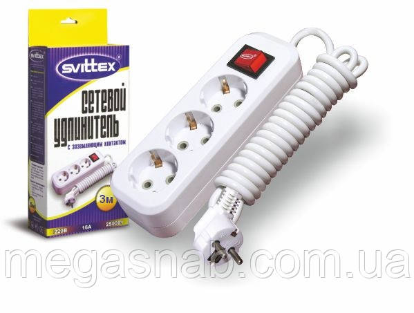 Подовжувач із заземленням SVITTEX 3 гнізда 3 м із кнопкою 16 А 250 В, фото 1