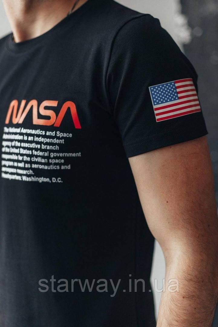 Чорна футболка nasa flag logo | логотип принт