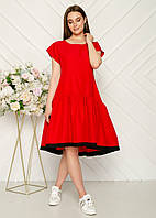 Красивое свободное летнее платье средней длины пышный низ удлиненное сзади красное
