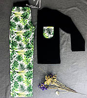 Жіночий домашній костюм PPF Тропіки BLACK, кофта+брюки XS-4XL / женская пижама кофта+брюки Тропики