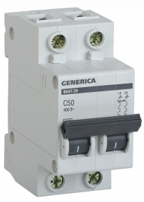 Автоматичний вимикач ВА47-29 2Р 50А 4,5 кА х-ка С GENERICA MVA25-2-050-C, фото 1