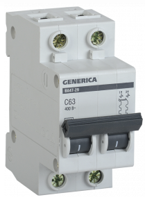 Автоматичний вимикач ВА47-29 2Р 63А 4,5 кА х-ка С GENERICA MVA25-2-063-C, фото 1