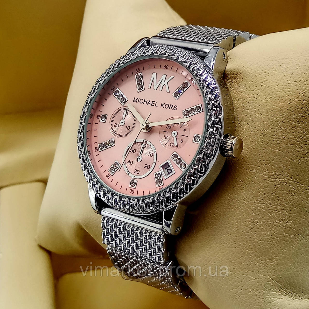 Жіночі кварцові наручні годинники Michael Kors MK-A198 на металевому браслеті кольору серебрено рожевий цифербл