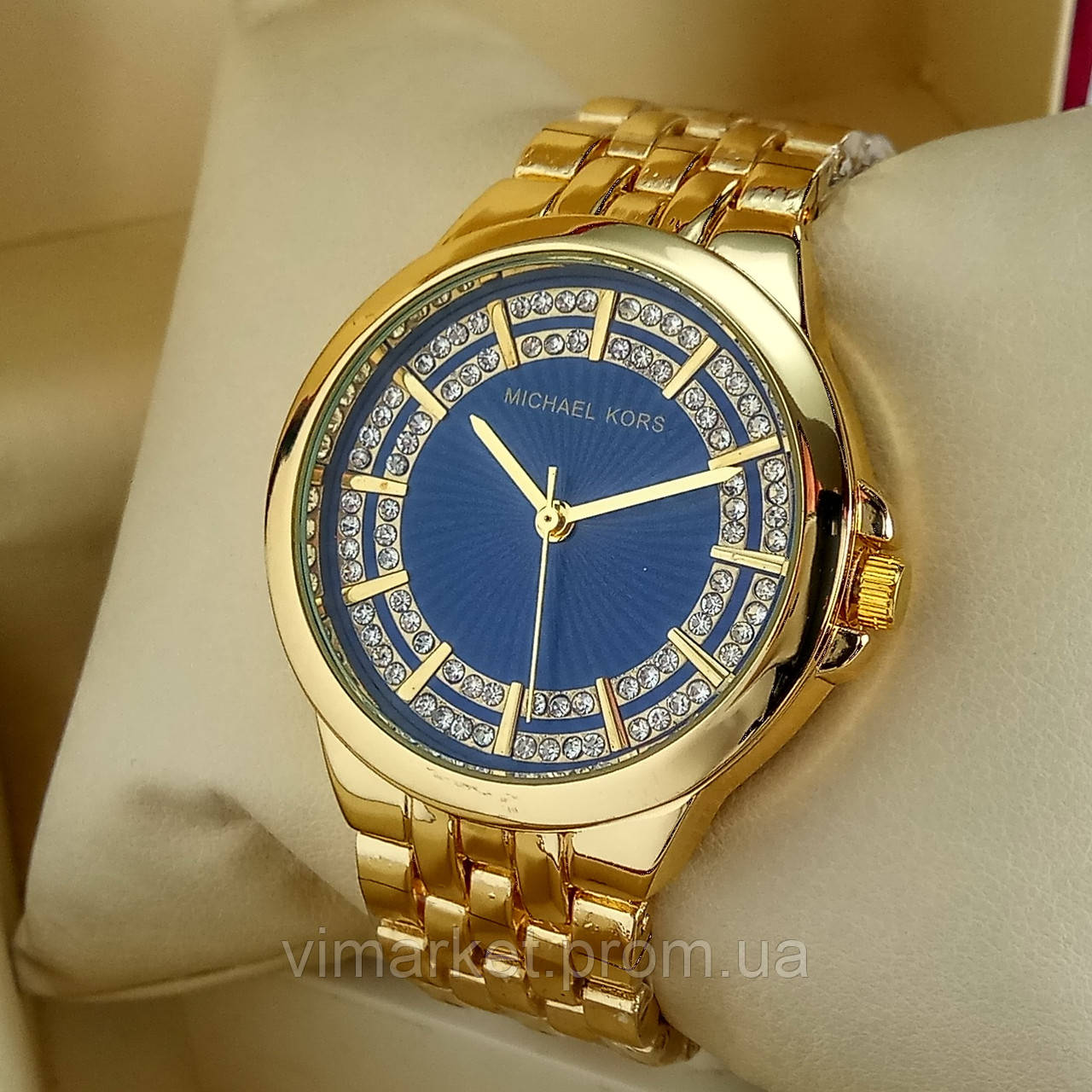 Жіночі кварцові наручні годинники Michael Kors MK-A157 на металевому браслеті золотого кольору синій циферблат
