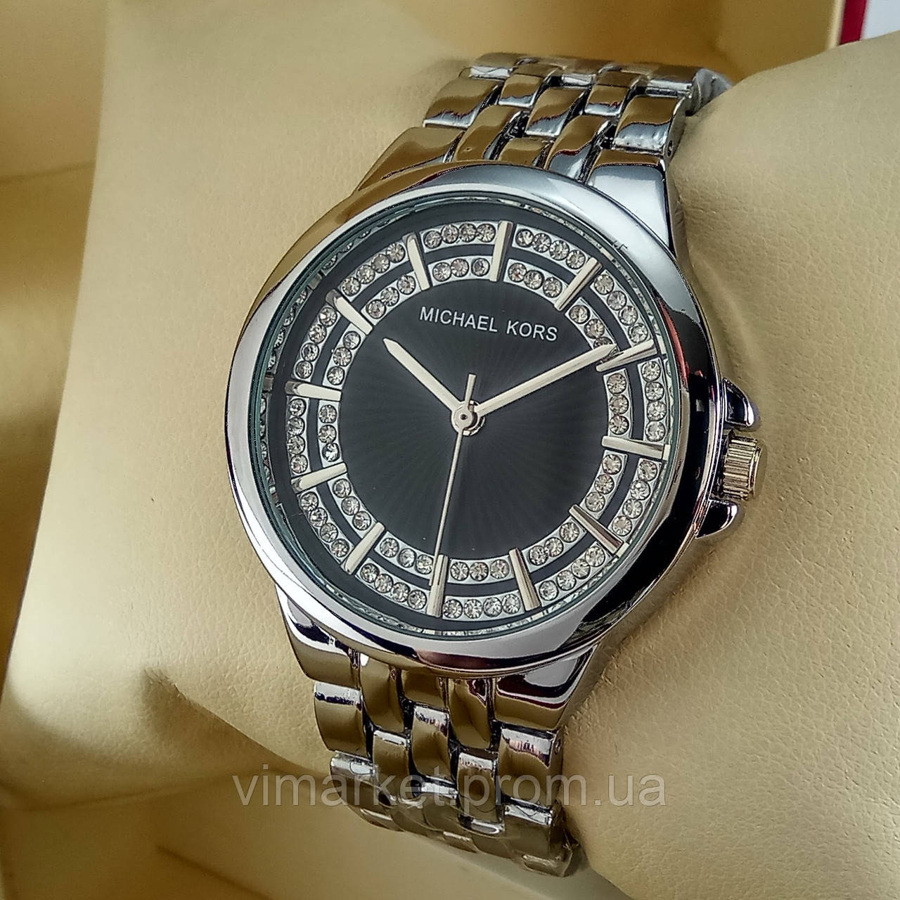 Жіночі кварцові наручні годинники Michael Kors MK-A157 на металевому браслеті срібного кольору чорний циферб