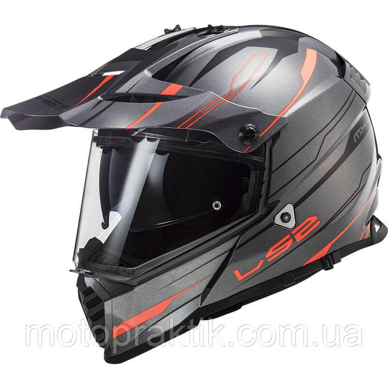LS2 MX436 PIONEER EVO KNIGHT TITANIUM FLUO ORANGE, XS Мотошолом ендуро (мотард) з окулярами