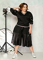 Повседневный женский костюм свитшот и широкие шорты-юбка на полных женщин черный,р. 48-52