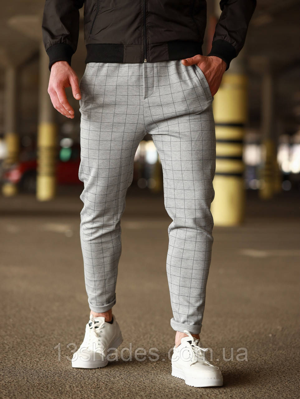 Штани завужені чоловічі картаті світло-сірий Київ, фото 1
