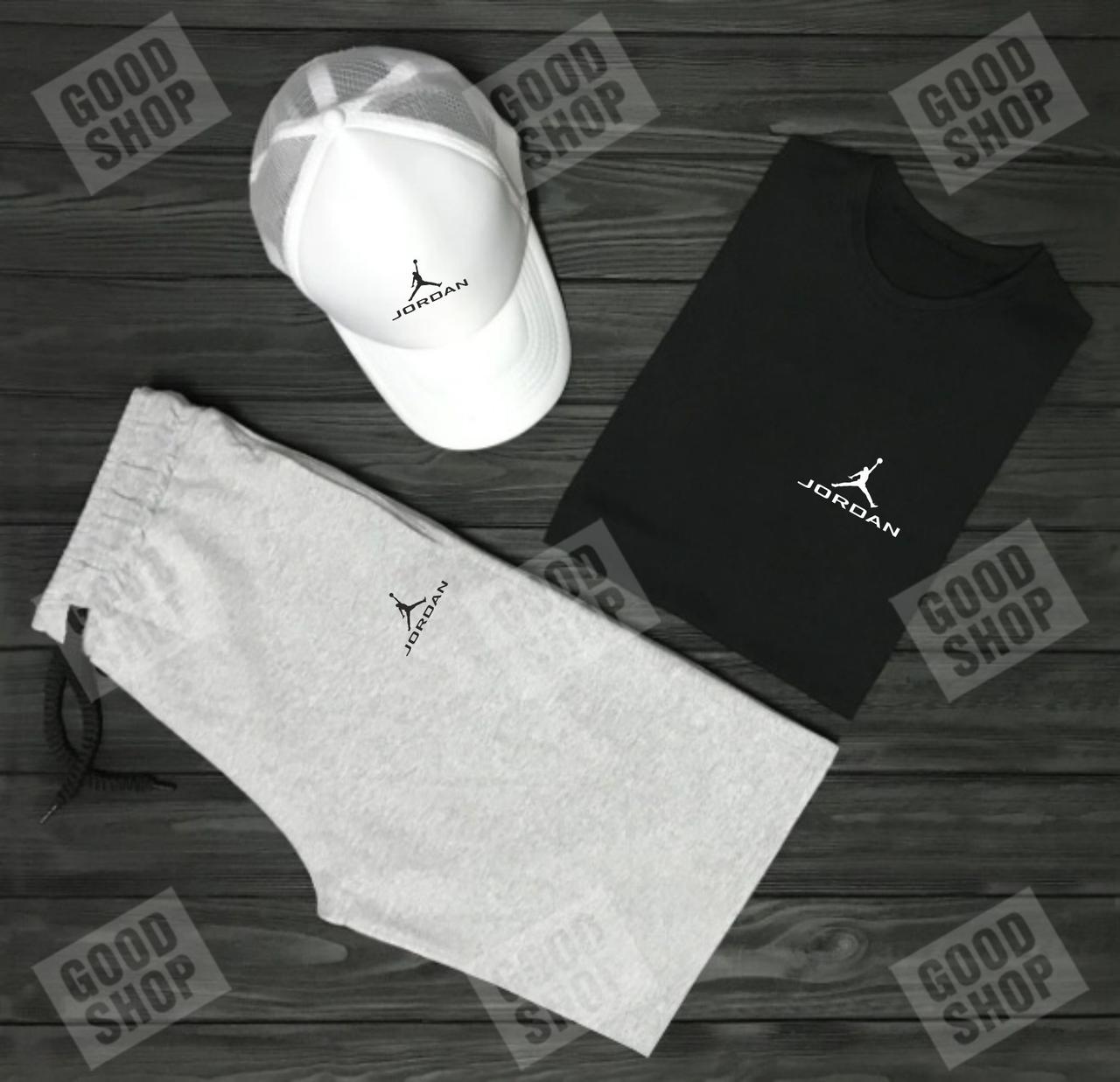 Чоловічий комплект футболка, кепка і шорти Jordan чорного, сірого і білого кольору (люкс) S