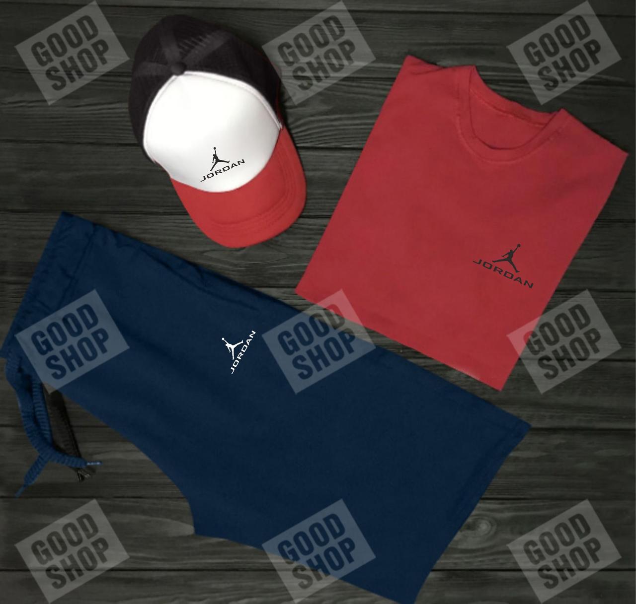 Чоловічий комплект футболка, кепка і шорти Jordan синього, червоного і білого кольору (люкс) S