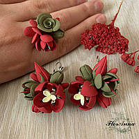 Красный комплект украшений "Тюльпаны с фрезиями". Серьги и кольцо