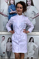 Белый женский медицинский халат с длинными рукавами, р.42-54, халат с планочкой, удлиненной спинкой.