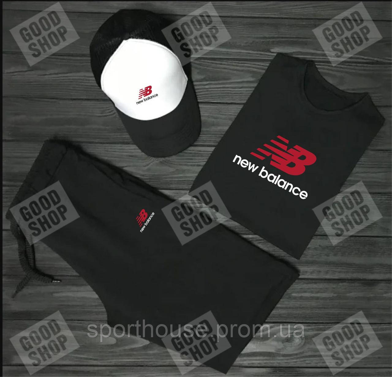 Чоловічий комплект футболка, кепка і шорти New Balance чорного і білого кольору (люкс) S